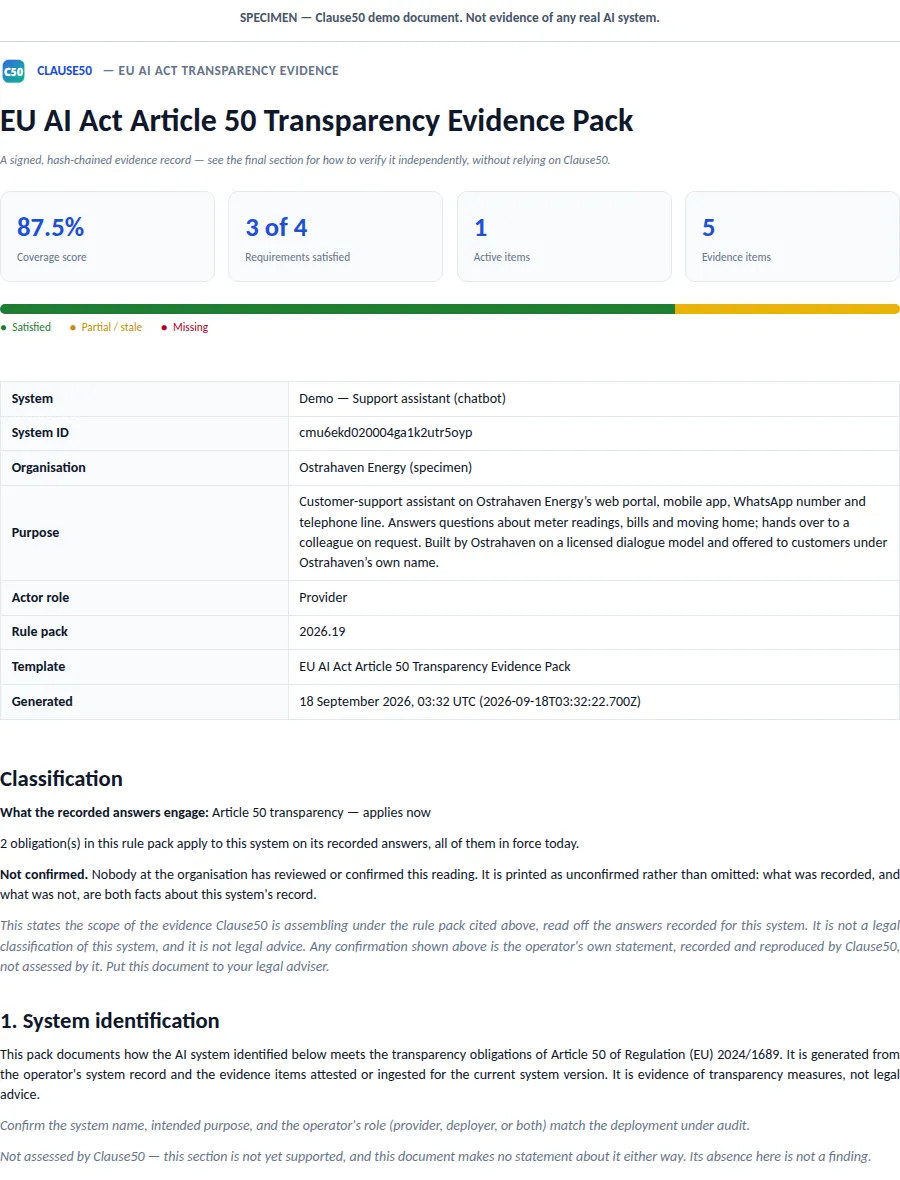 The opening of the Ostrahaven Energy specimen Article 50 evidence pack: the specimen strip, the title, the coverage summary and the system identification table.
